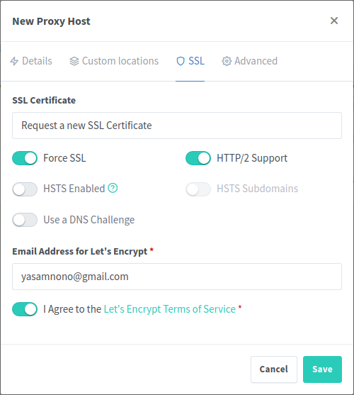 Add new host - SSL tab