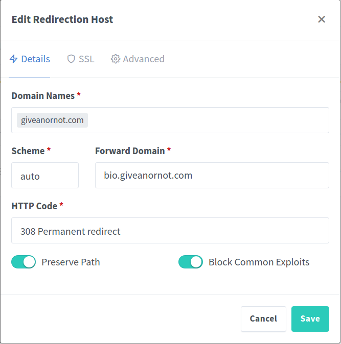 Create redirect host screenshot